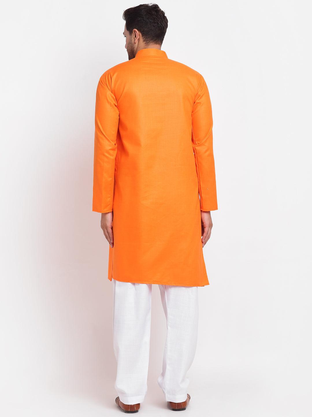 Men's Orange Solid Pathani Kurta With White Salwar - Benstoke - Indiakreations