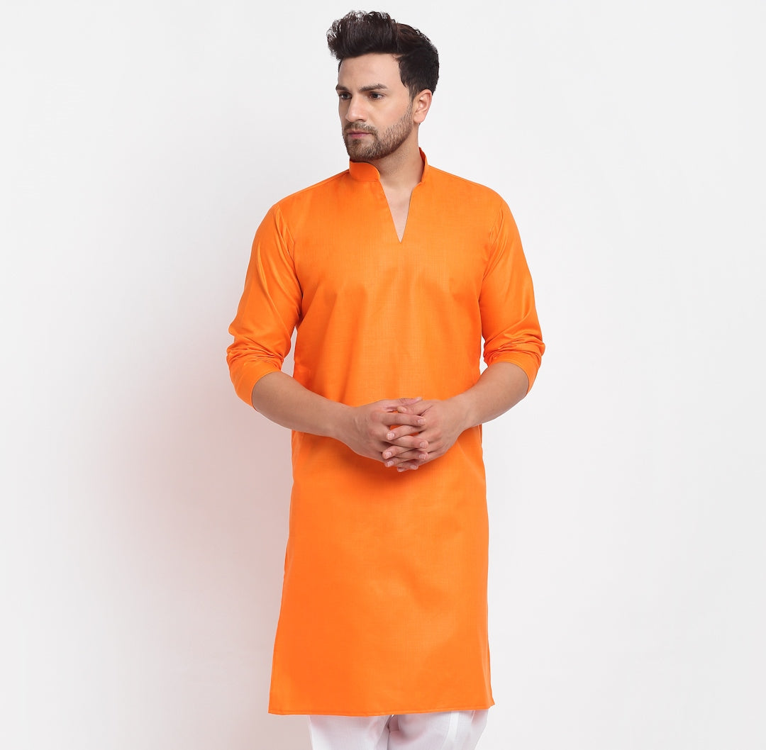 Men's Cotton Blend Orange Straight Long Kurta - Benstoke