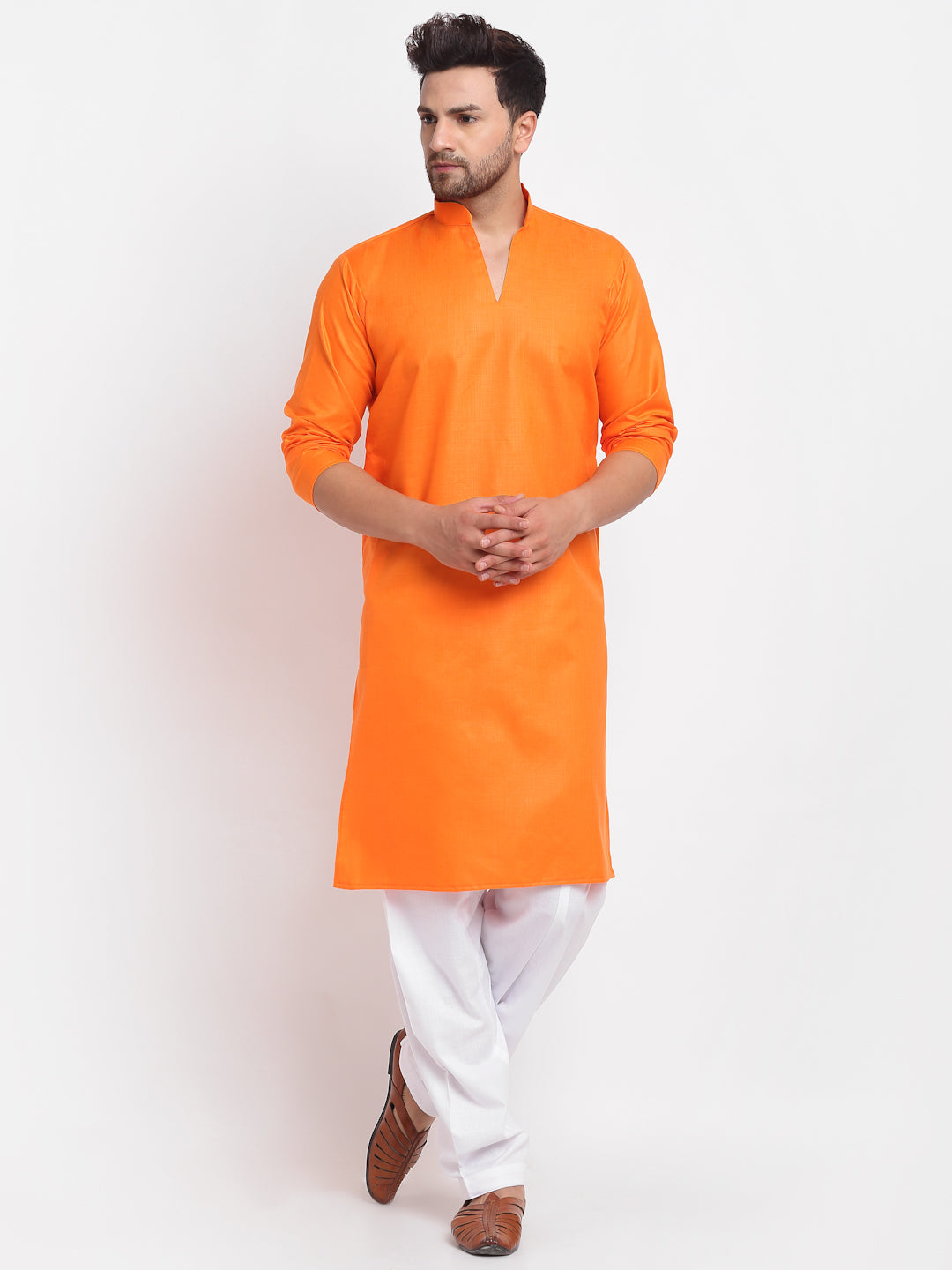 Men's Orange Solid Pathani Kurta With White Salwar - Benstoke