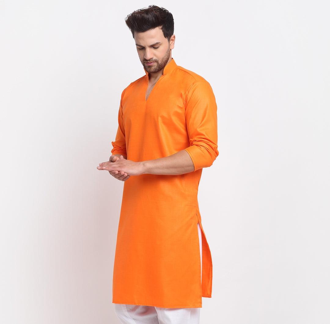 Men's Cotton Blend Orange Straight Long Kurta - Benstoke - Indiakreations