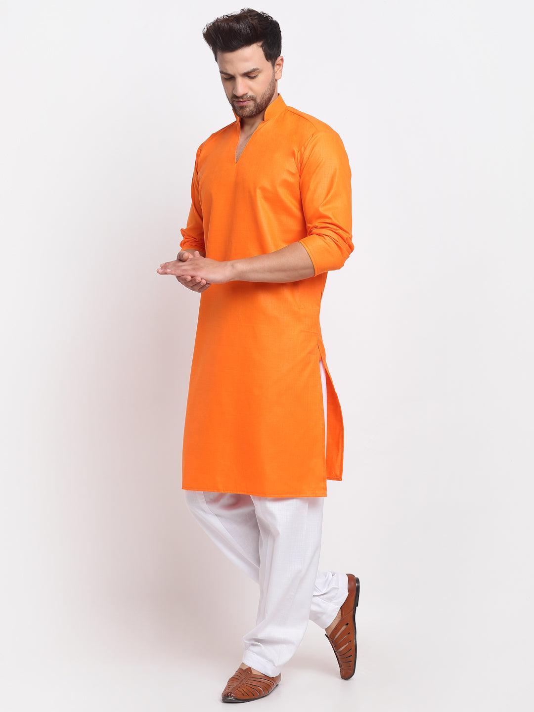 Men's Orange Solid Pathani Kurta With White Salwar - Benstoke - Indiakreations