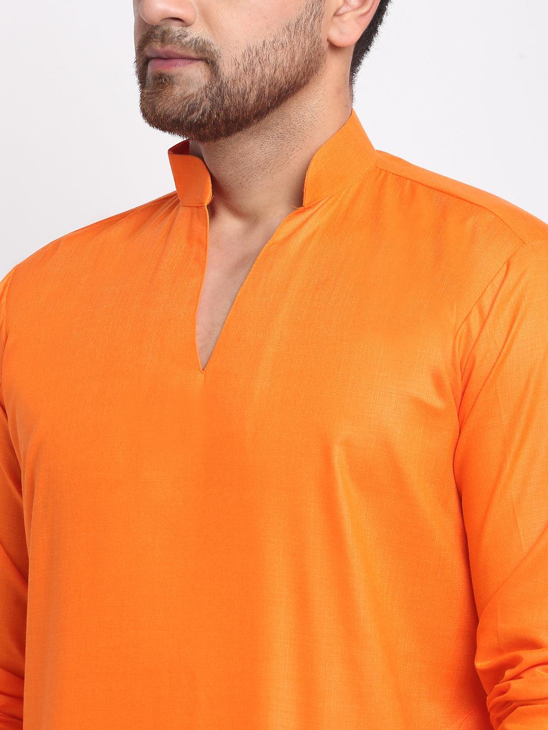 Men's Orange Solid Pathani Kurta With White Salwar - Benstoke - Indiakreations