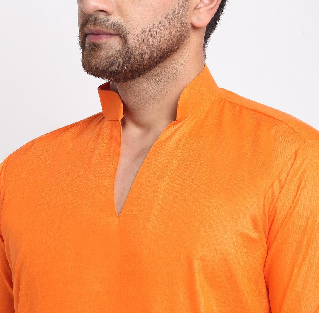 Men's Cotton Blend Orange Straight Long Kurta - Benstoke - Indiakreations