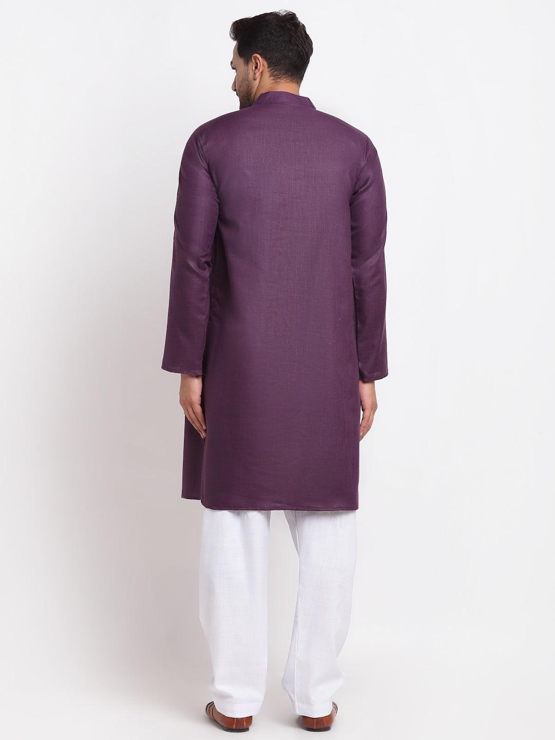 Men's Purple Solid Pathani Kurta With White Salwar - Benstoke - Indiakreations