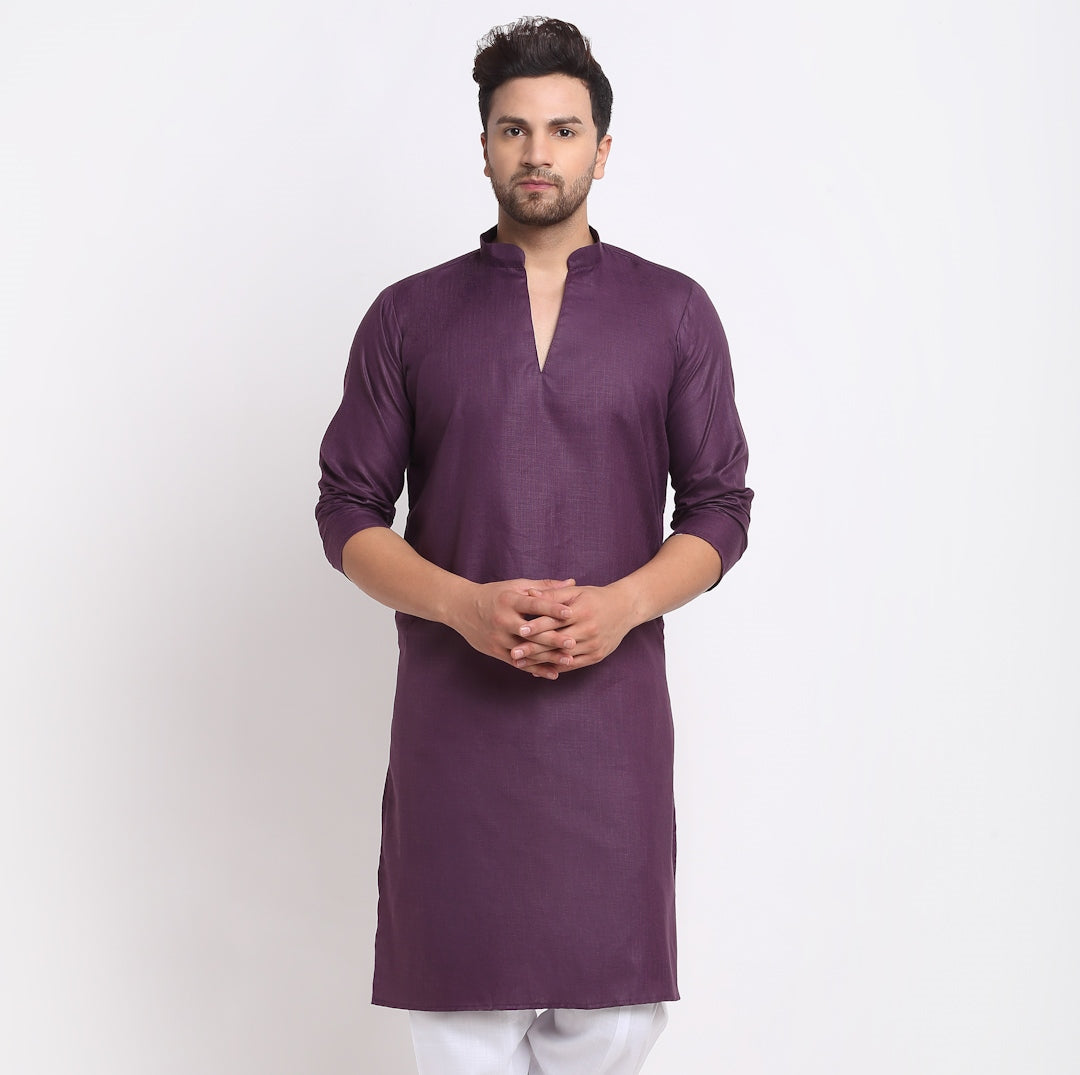 Men's Cotton Blend Purple Straight Long Kurta - Benstoke