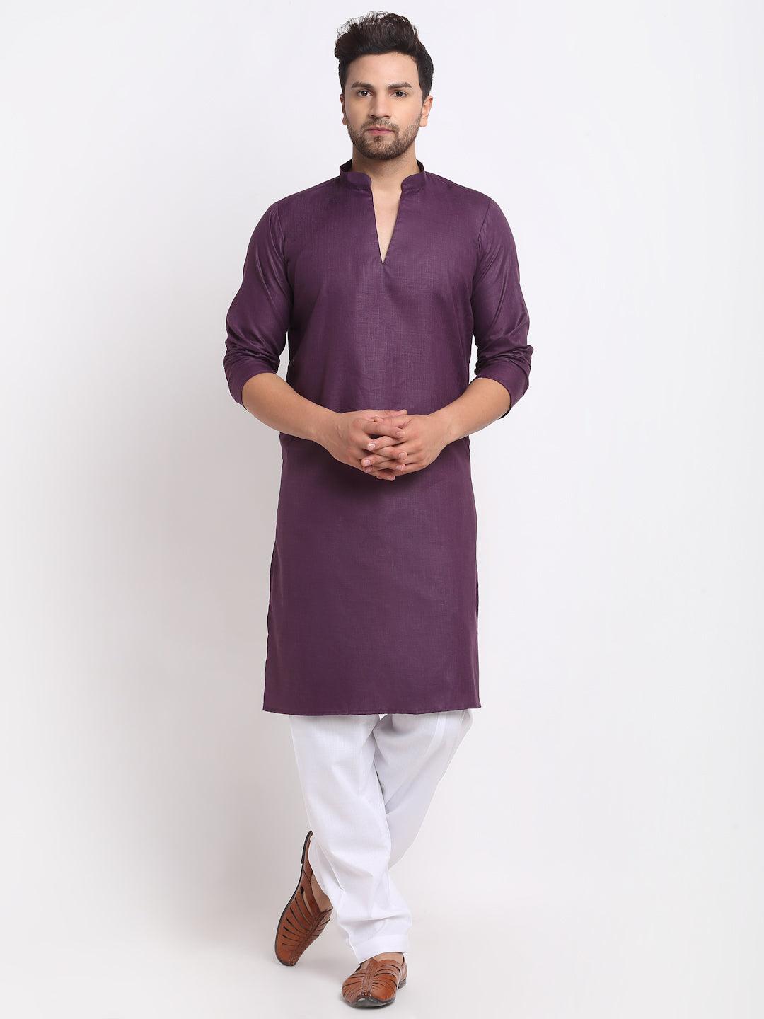 Men's Purple Solid Pathani Kurta With White Salwar - Benstoke - Indiakreations