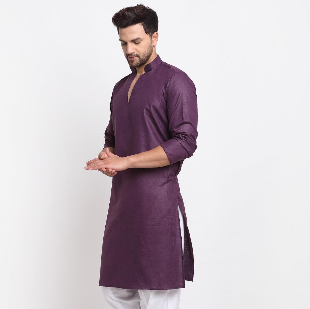 Men's Cotton Blend Purple Straight Long Kurta - Benstoke - Indiakreations