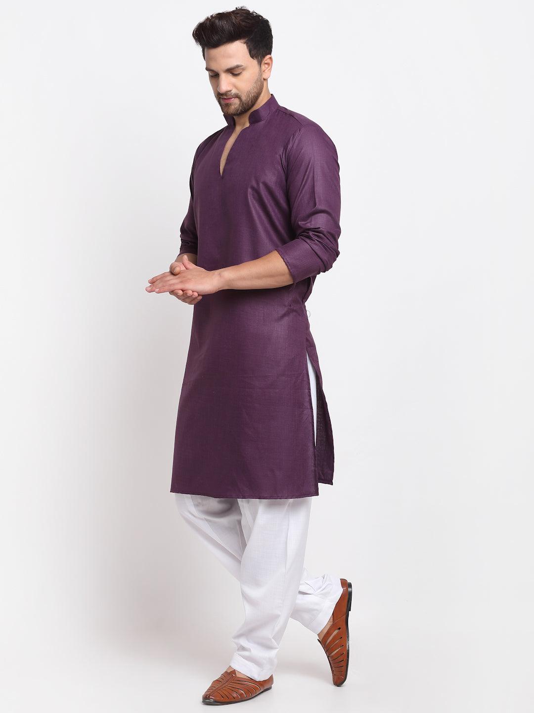 Men's Purple Solid Pathani Kurta With White Salwar - Benstoke - Indiakreations