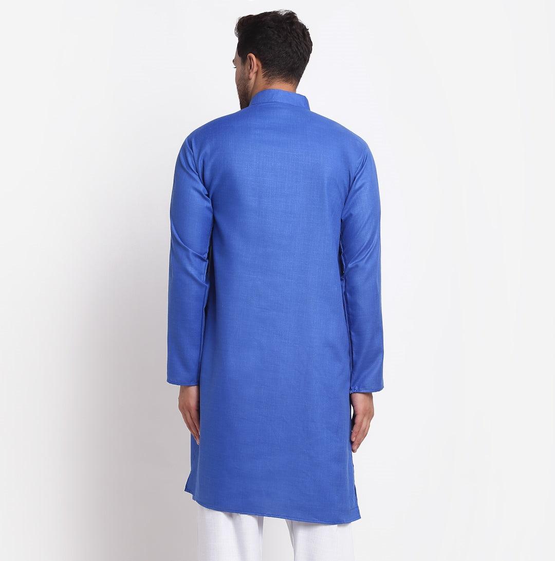 Men's Cotton Blend Royal Blue Straight Long Kurta - Benstoke - Indiakreations