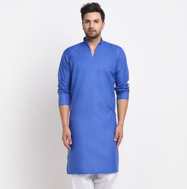 Men's Cotton Blend Royal Blue Straight Long Kurta - Benstoke - Indiakreations