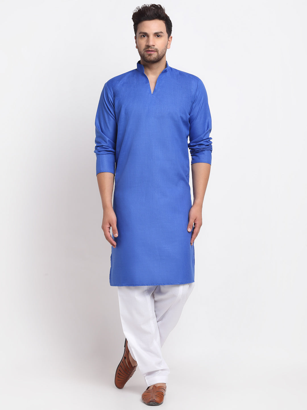 Men's Royal Blue Solid Pathani Kurta With White Salwar - Benstoke