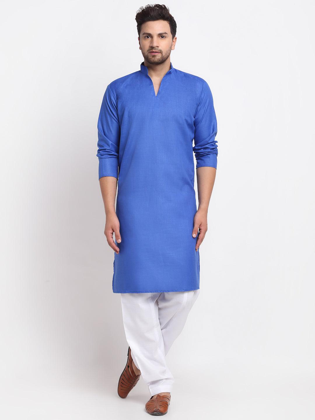 Men's Royal Blue Solid Pathani Kurta With White Salwar - Benstoke - Indiakreations