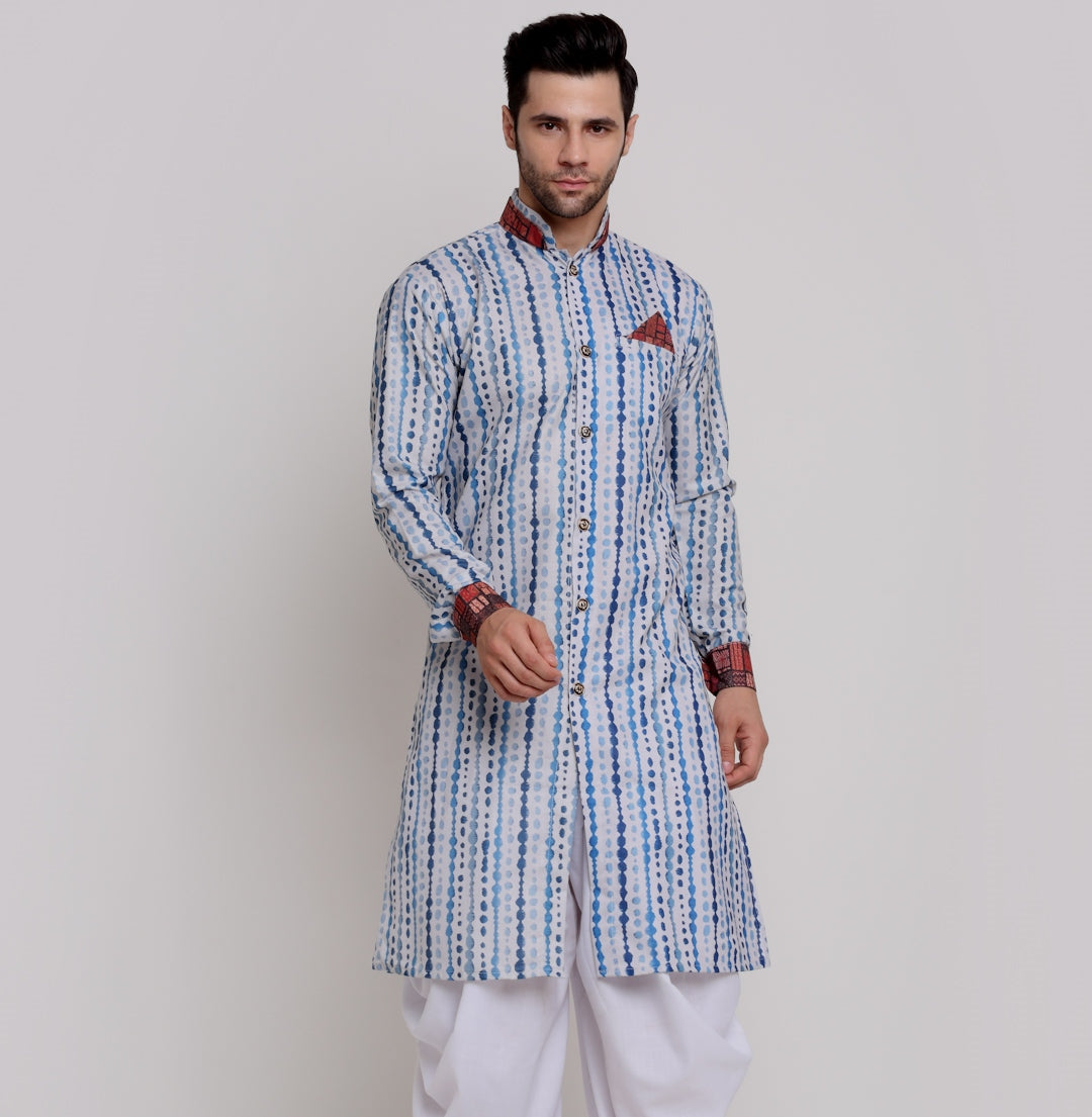 Men's Cotton White & Blue White Printed Straight Kurta - Benstoke