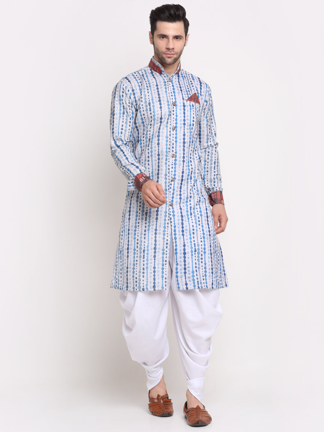 Men's White & Blue Printed Kurta With White Dhoti Pant - Benstoke