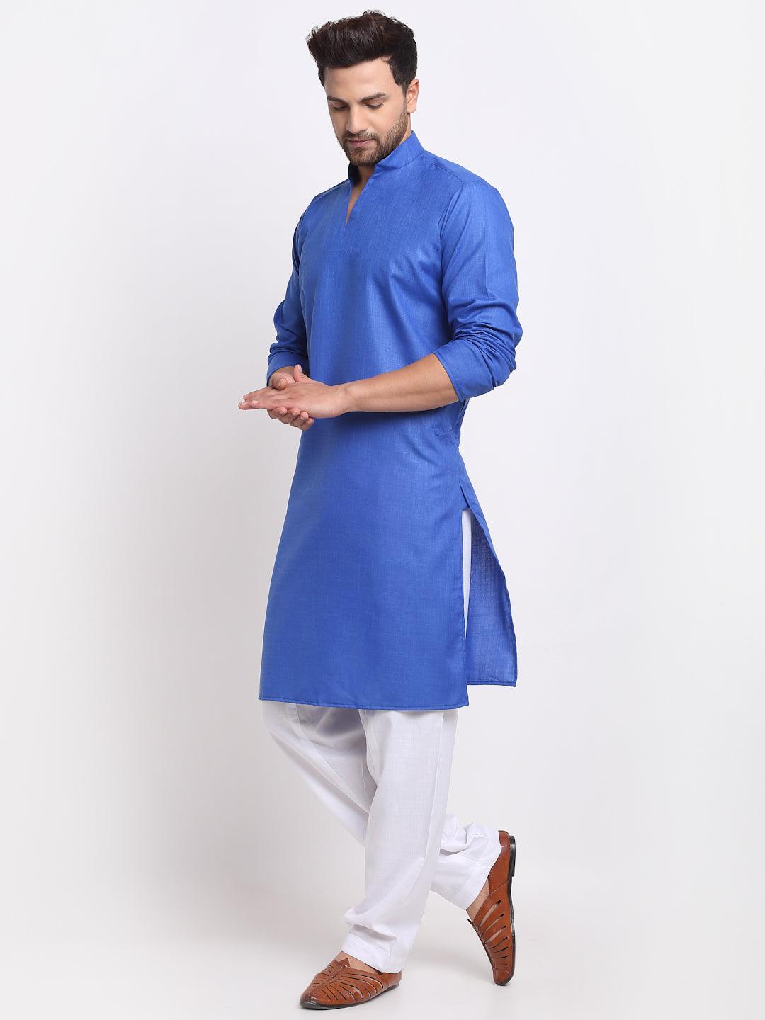 Men's Royal Blue Solid Pathani Kurta With White Salwar - Benstoke - Indiakreations