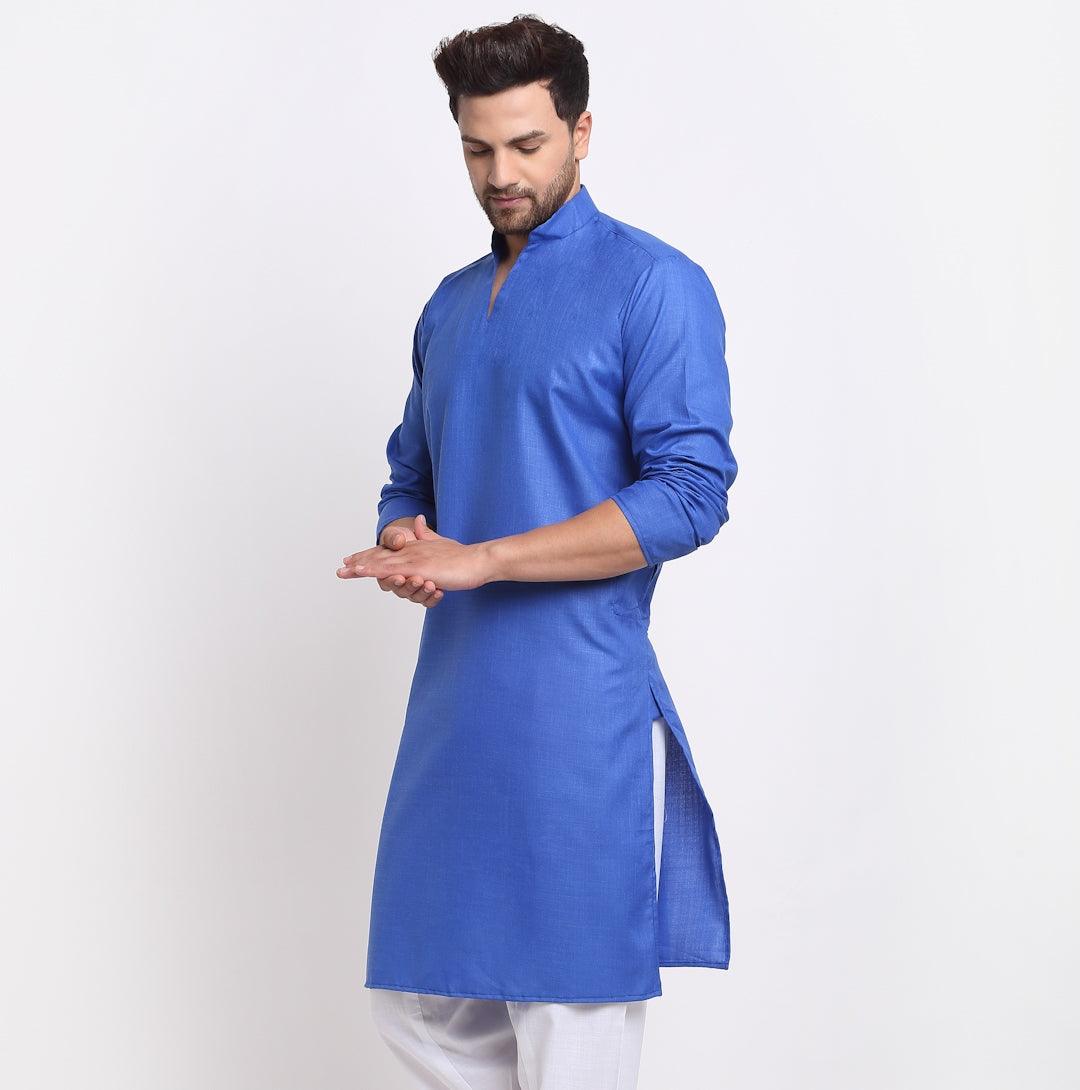 Men's Cotton Blend Royal Blue Straight Long Kurta - Benstoke - Indiakreations