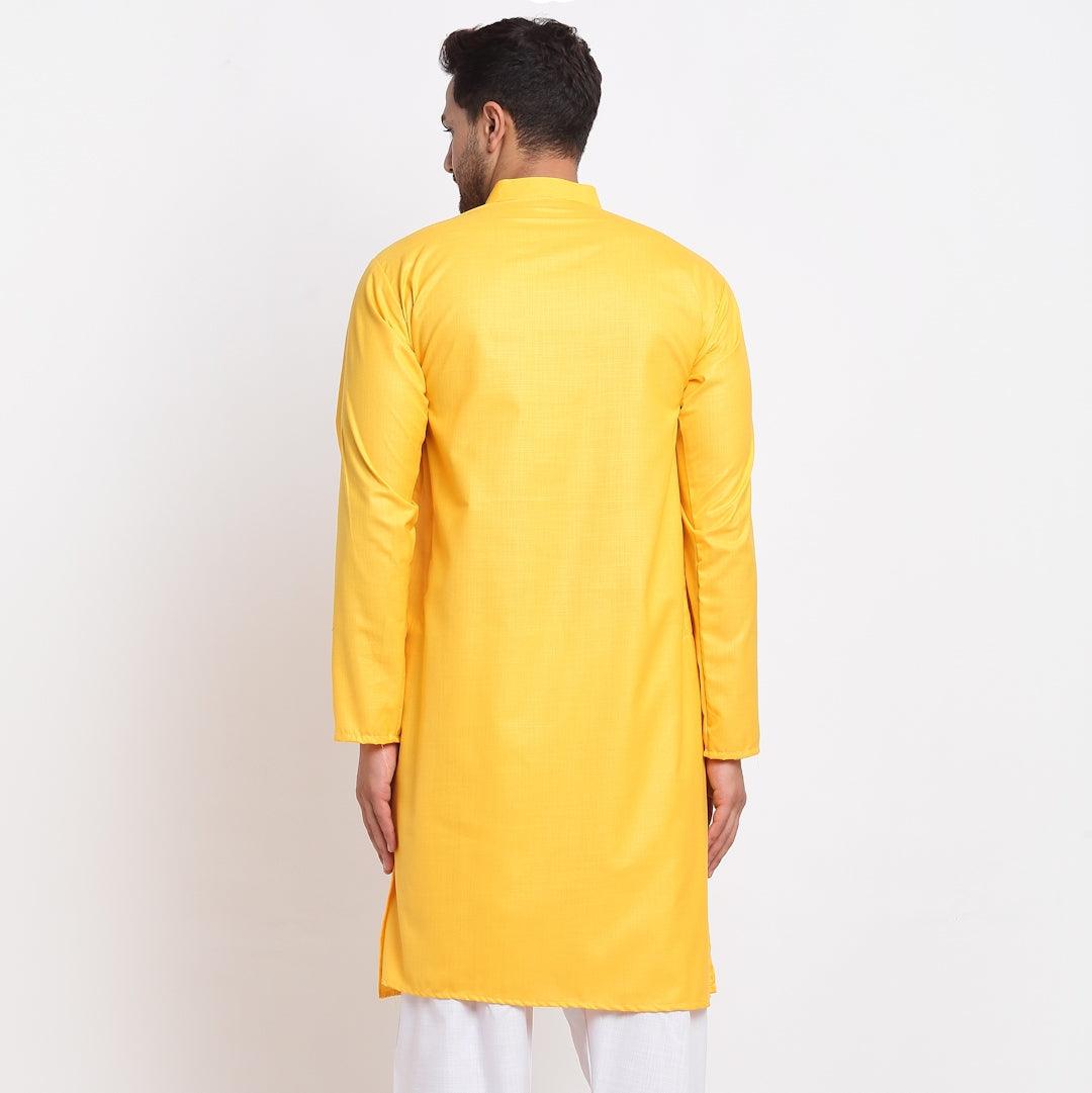 Men's Cotton Blend Yellow Straight Long Kurta - Benstoke - Indiakreations