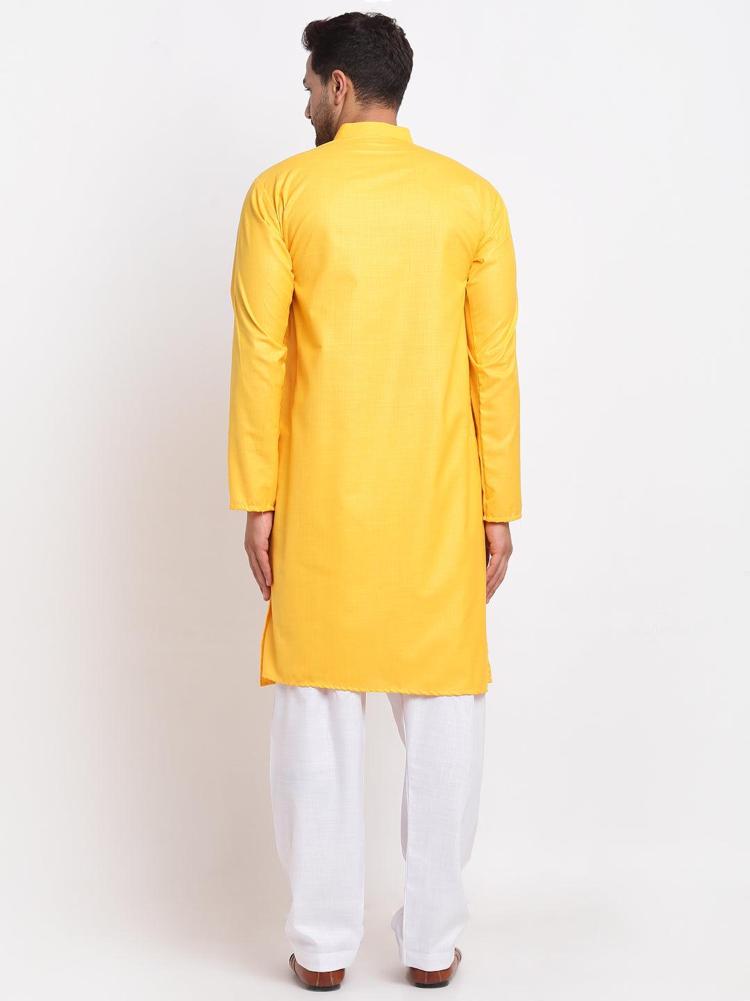 Men's Yellow Solid Pathani Kurta With White Salwar - Benstoke - Indiakreations