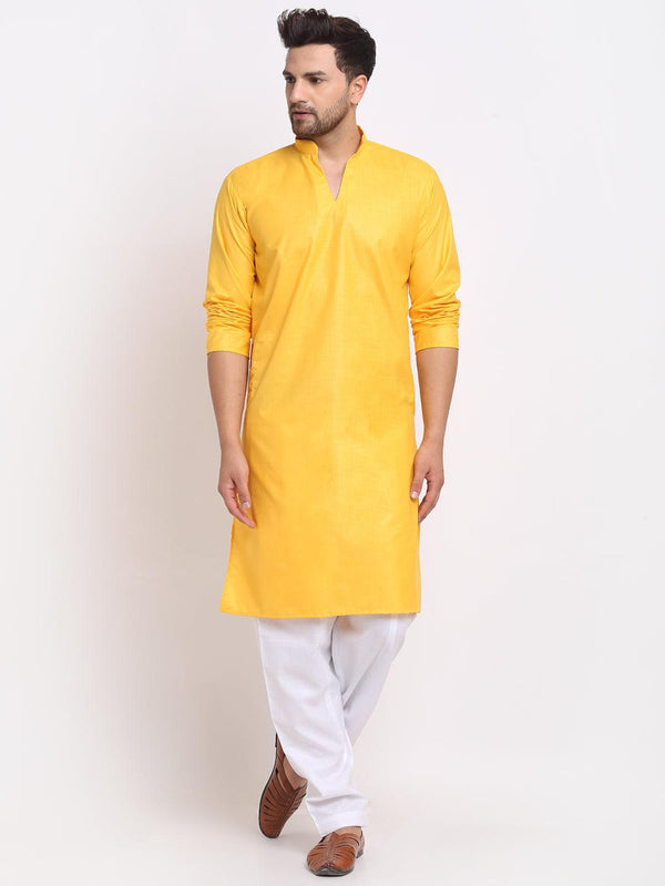 Men's Yellow Solid Pathani Kurta With White Salwar - Benstoke - Indiakreations