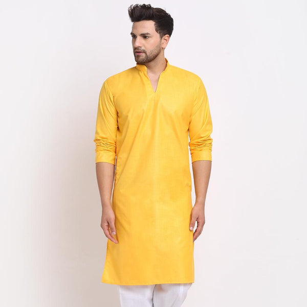 Men's Cotton Blend Yellow Straight Long Kurta - Benstoke - Indiakreations