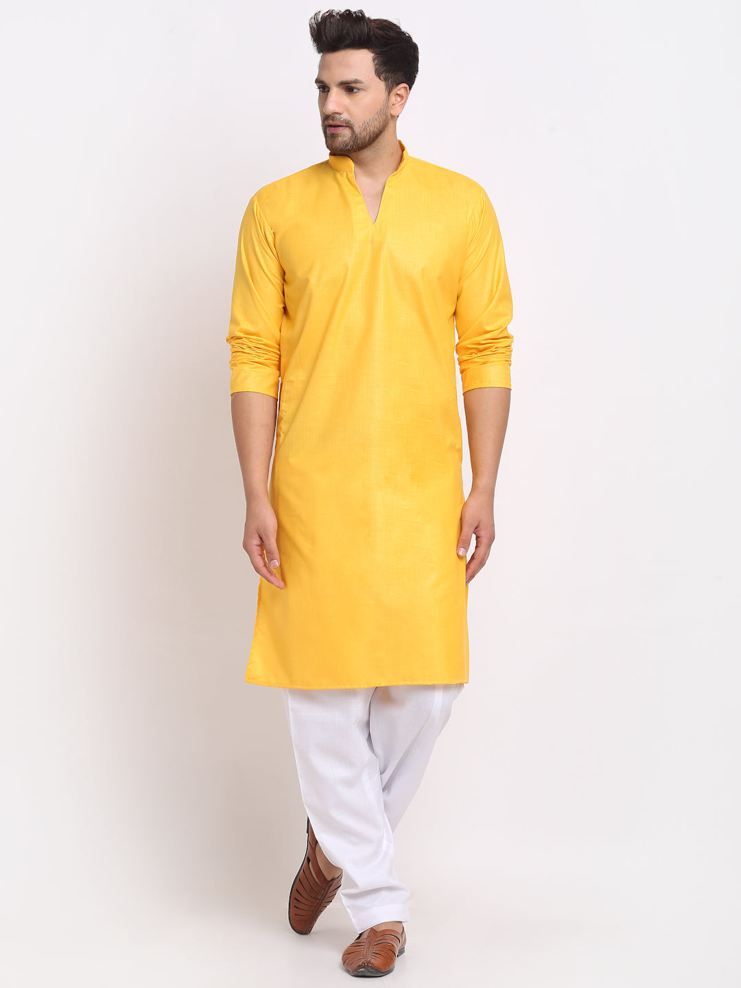 Men's Yellow Solid Pathani Kurta With White Salwar - Benstoke