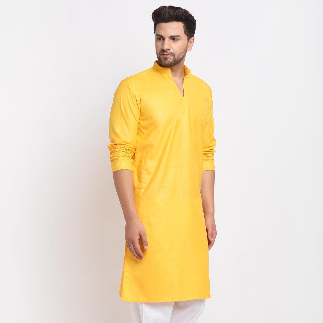 Men's Cotton Blend Yellow Straight Long Kurta - Benstoke - Indiakreations