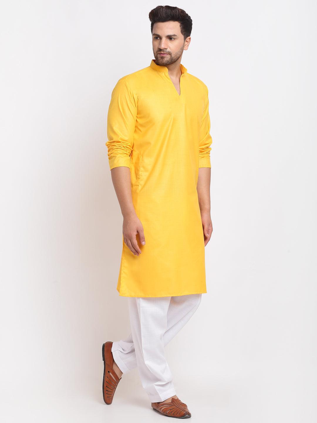 Men's Yellow Solid Pathani Kurta With White Salwar - Benstoke - Indiakreations