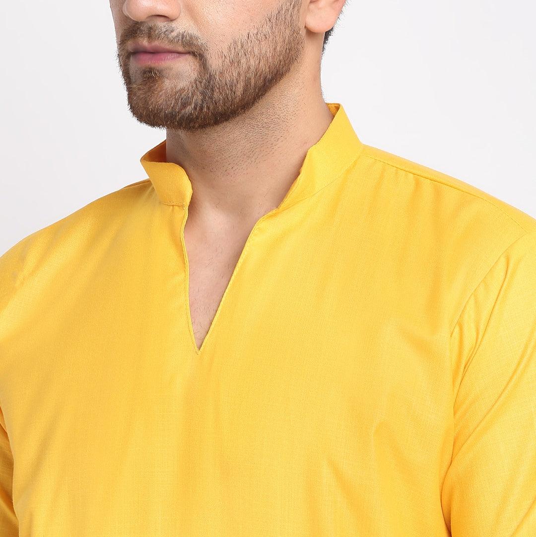 Men's Cotton Blend Yellow Straight Long Kurta - Benstoke - Indiakreations