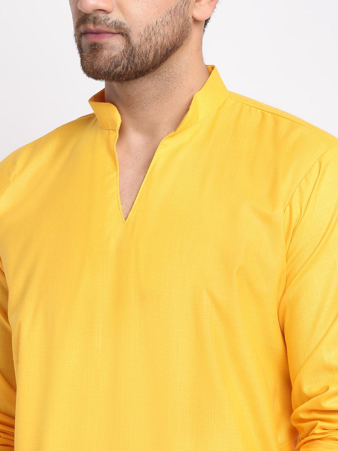 Men's Yellow Solid Pathani Kurta With White Salwar - Benstoke - Indiakreations