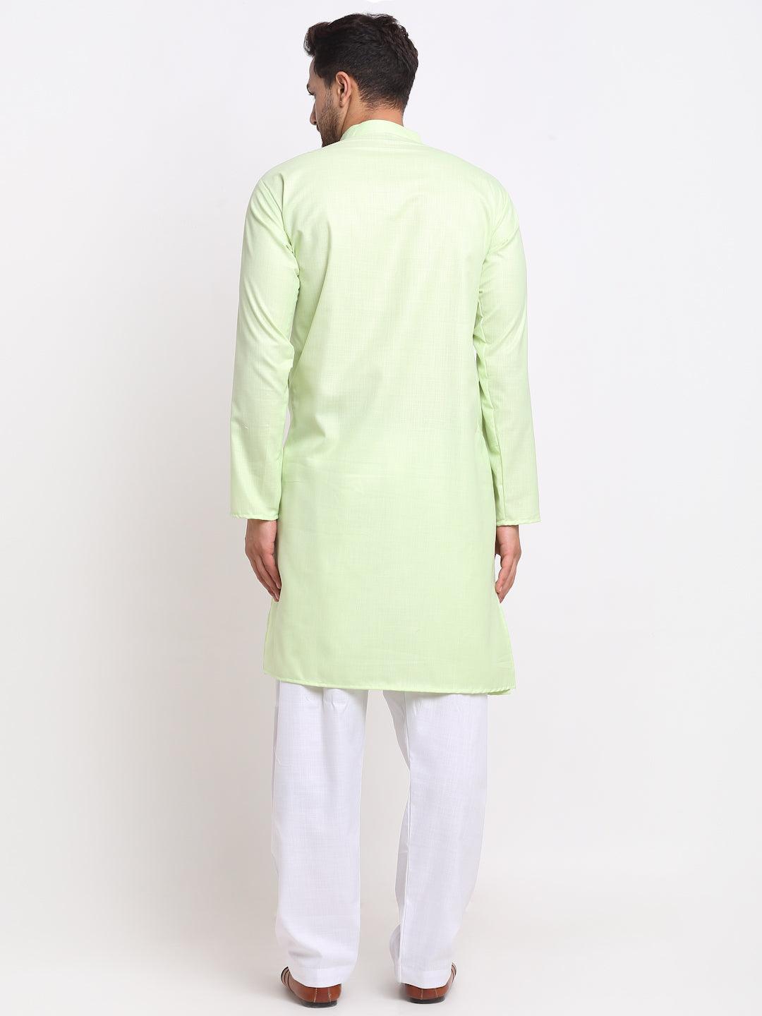 Men's Lime Green Solid Pathani Kurta With White Salwar - Benstoke - Indiakreations