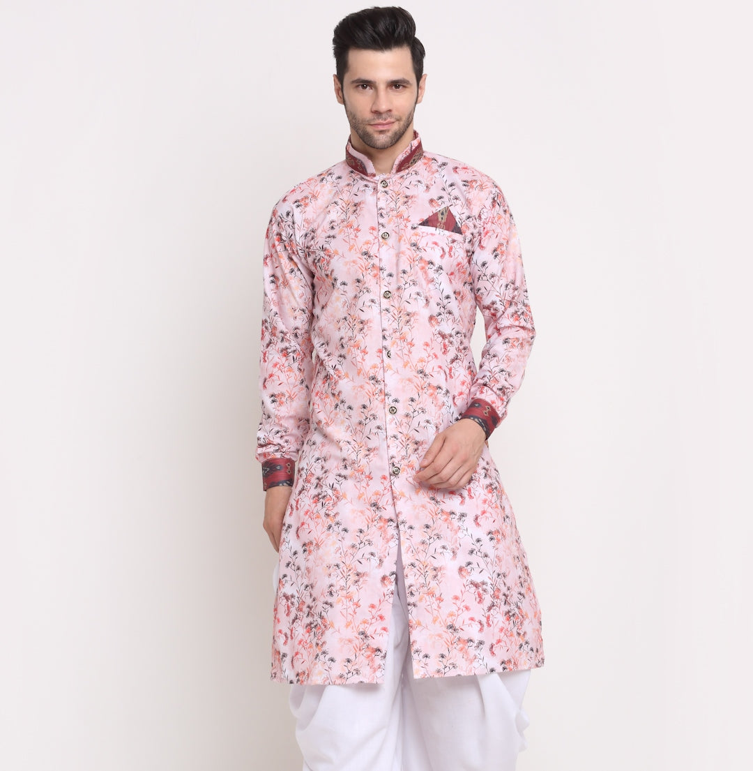 Men's Cotton Pink & White Printed Straight Kurta - Benstoke