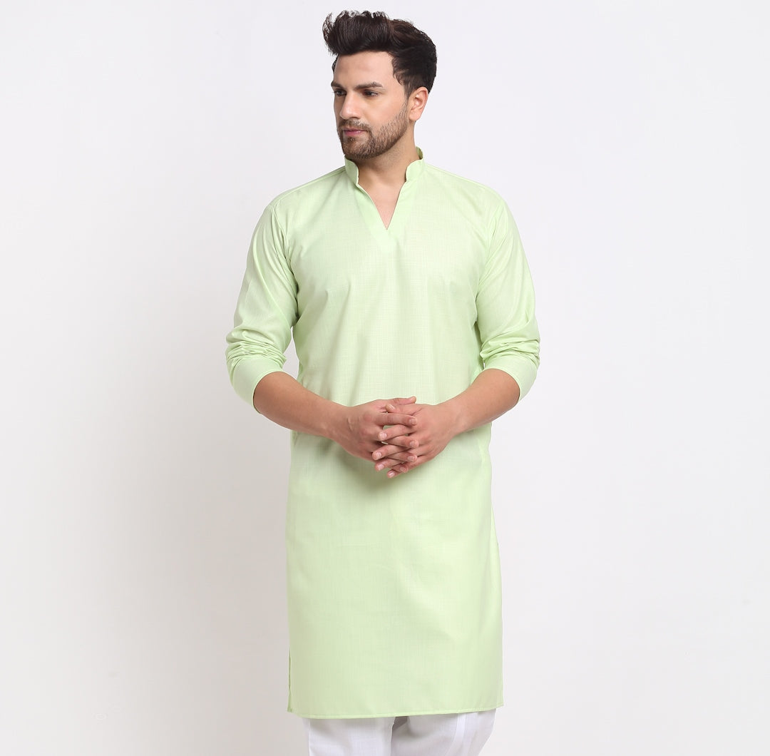 Men's Cotton Blend Lime Green Straight Long Kurta - Benstoke