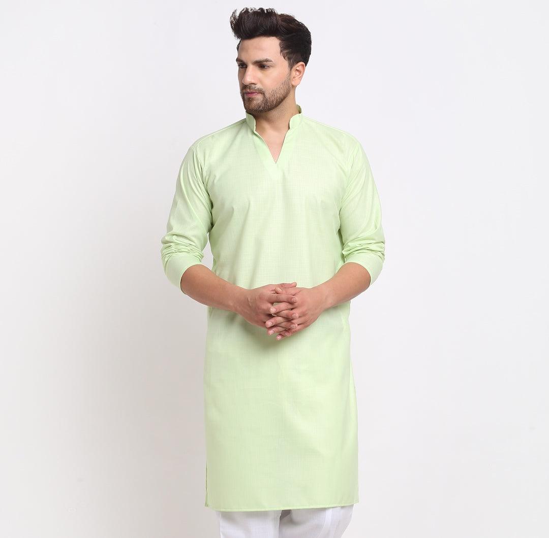 Men's Cotton Blend Lime Green Straight Long Kurta - Benstoke - Indiakreations