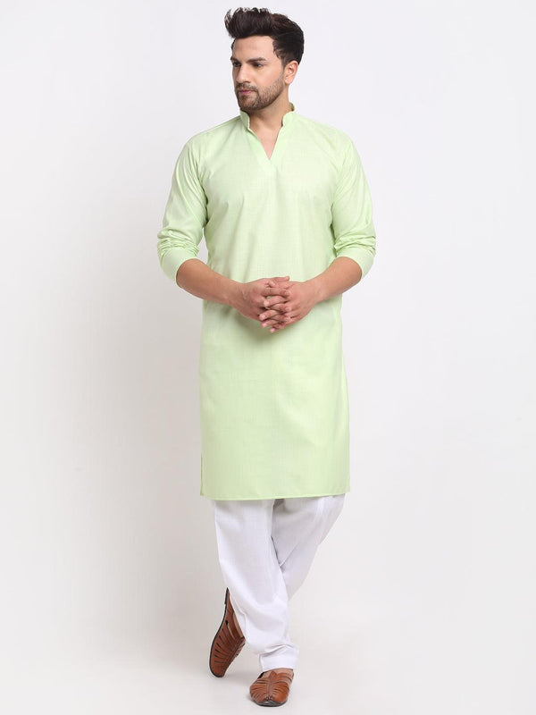 Men's Lime Green Solid Pathani Kurta With White Salwar - Benstoke - Indiakreations