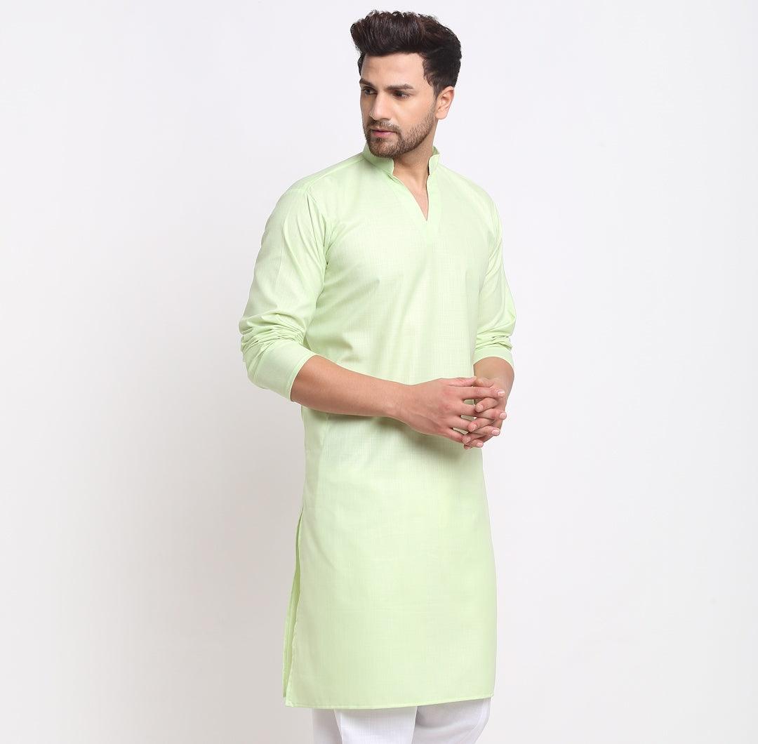 Men's Cotton Blend Lime Green Straight Long Kurta - Benstoke - Indiakreations