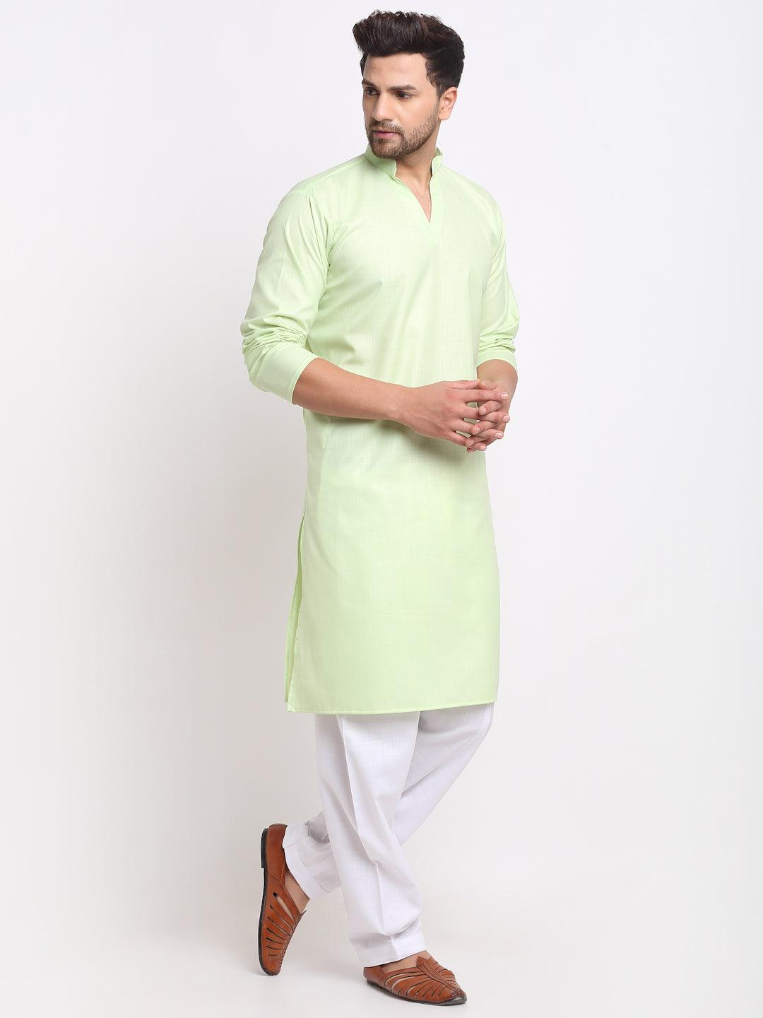 Men's Lime Green Solid Pathani Kurta With White Salwar - Benstoke - Indiakreations