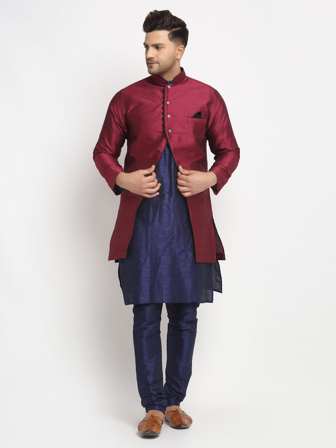 Men's Navy Blue Kurta With Pyjama & Burgundy Self Design Jacket - Benstoke