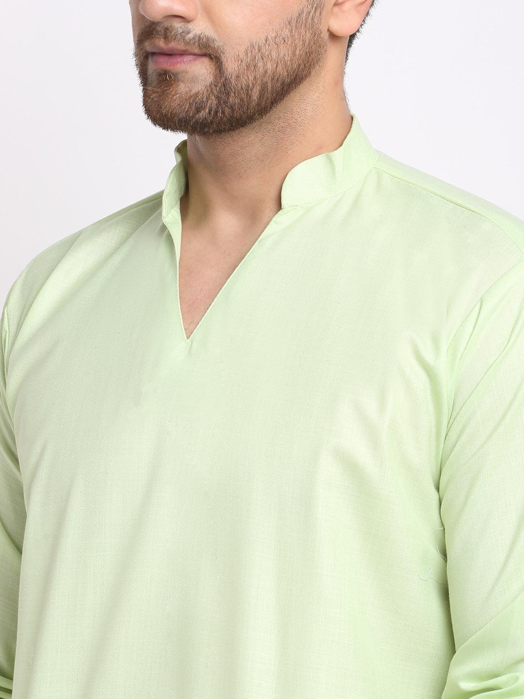 Men's Lime Green Solid Pathani Kurta With White Salwar - Benstoke - Indiakreations