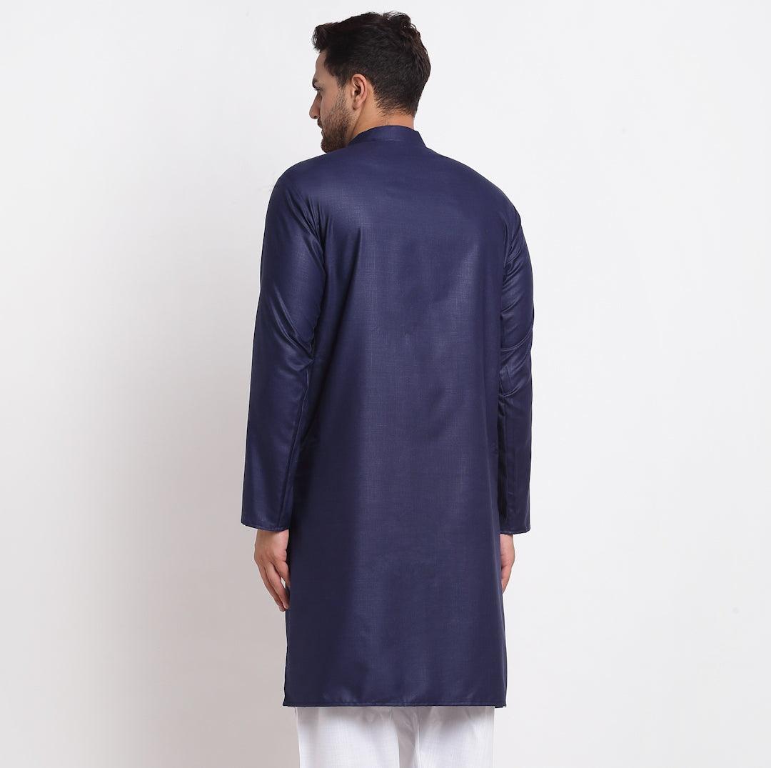 Men's Cotton Blend Navy Blue Straight Long Kurta - Benstoke - Indiakreations