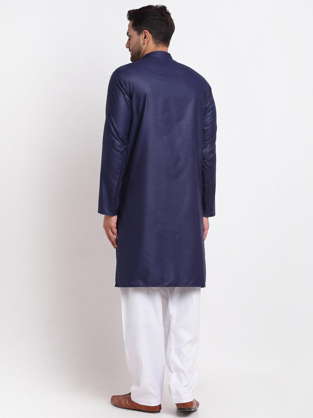 Men's Navy Blue Solid Pathani Kurta With White Salwar - Benstoke - Indiakreations