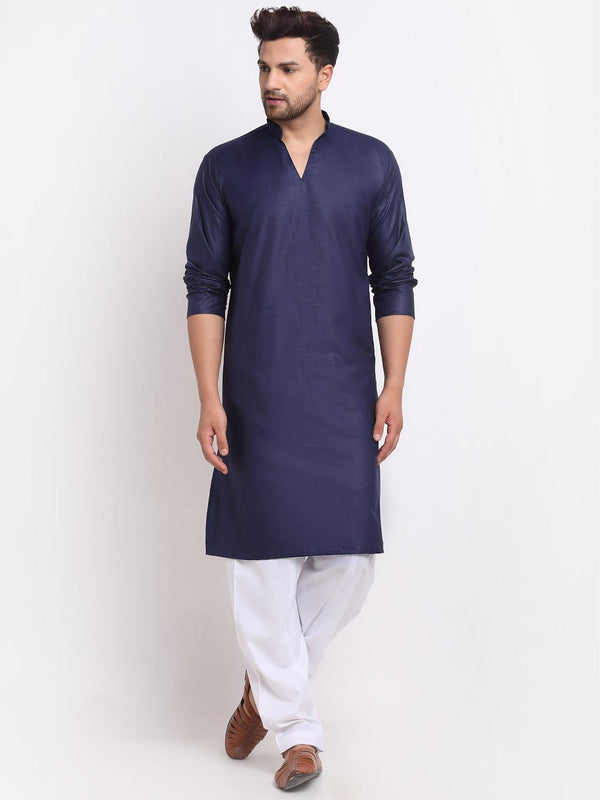 Men's Navy Blue Solid Pathani Kurta With White Salwar - Benstoke - Indiakreations