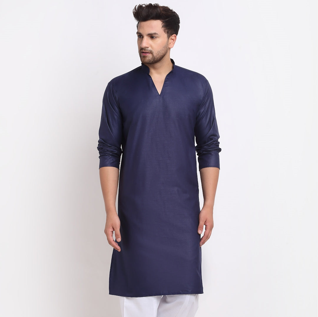 Men's Cotton Blend Navy Blue Straight Long Kurta - Benstoke