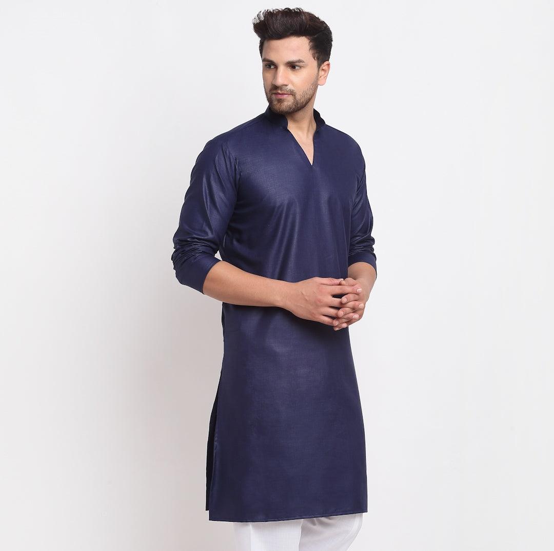 Men's Cotton Blend Navy Blue Straight Long Kurta - Benstoke - Indiakreations