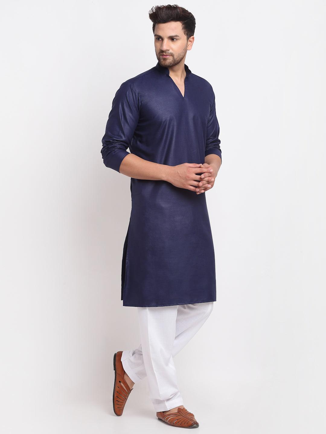 Men's Navy Blue Solid Pathani Kurta With White Salwar - Benstoke - Indiakreations