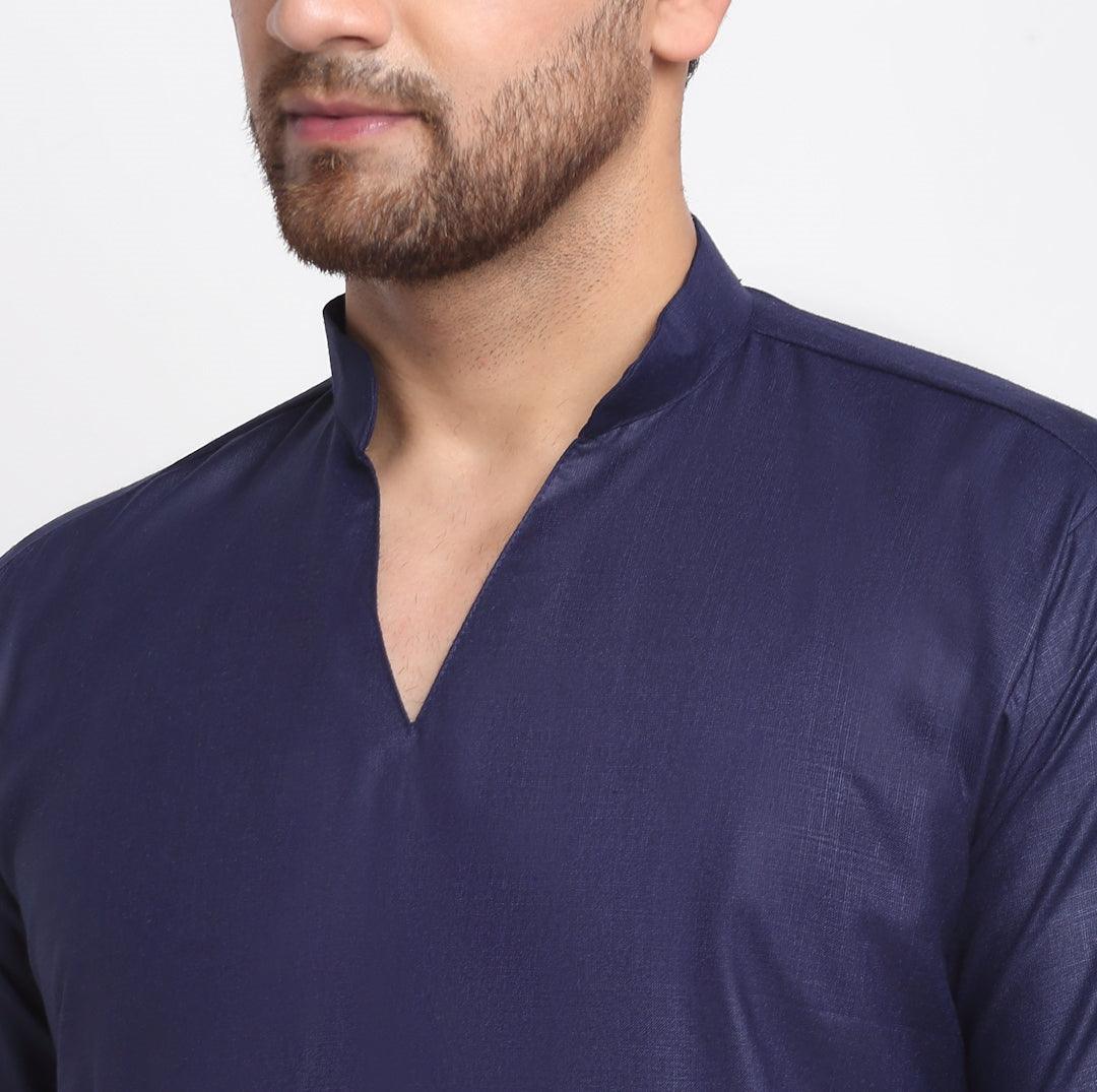 Men's Cotton Blend Navy Blue Straight Long Kurta - Benstoke - Indiakreations