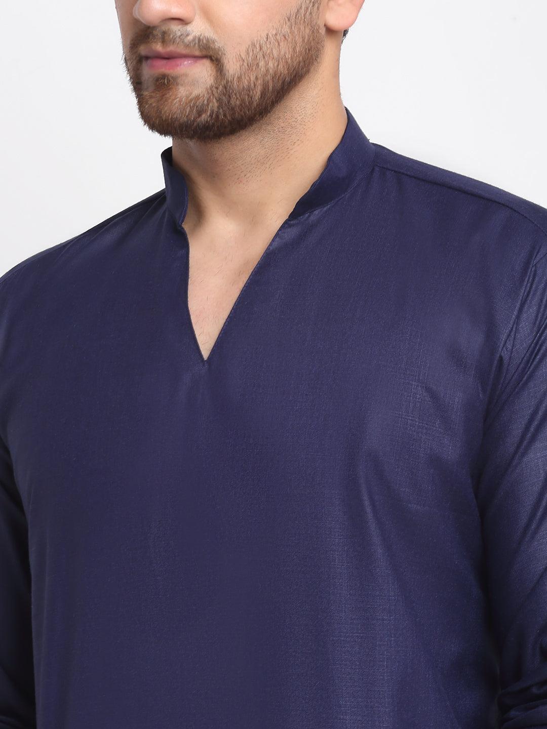 Men's Navy Blue Solid Pathani Kurta With White Salwar - Benstoke - Indiakreations