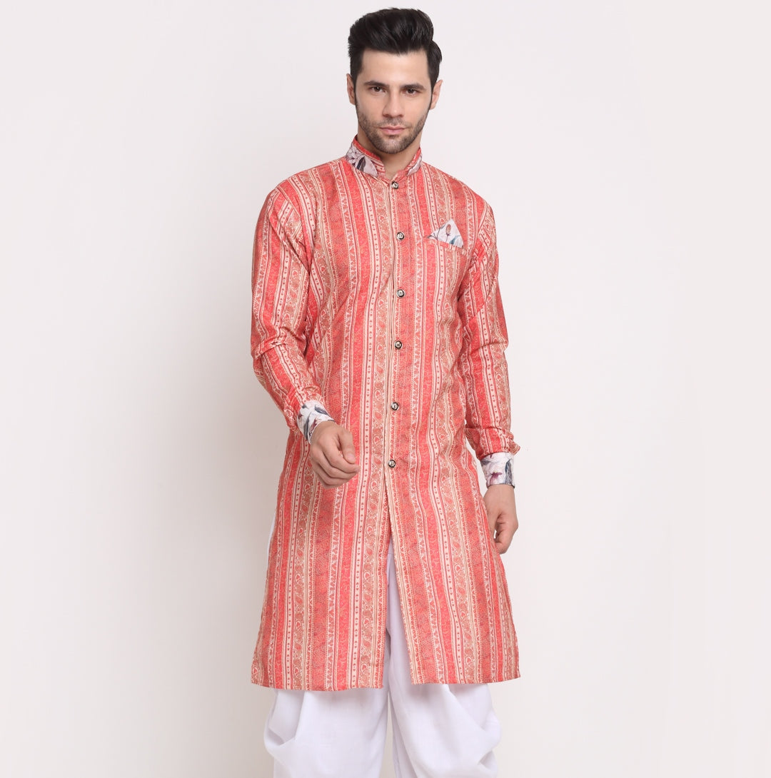 Men's Cotton Orange & White Printed Straight Kurta - Benstoke