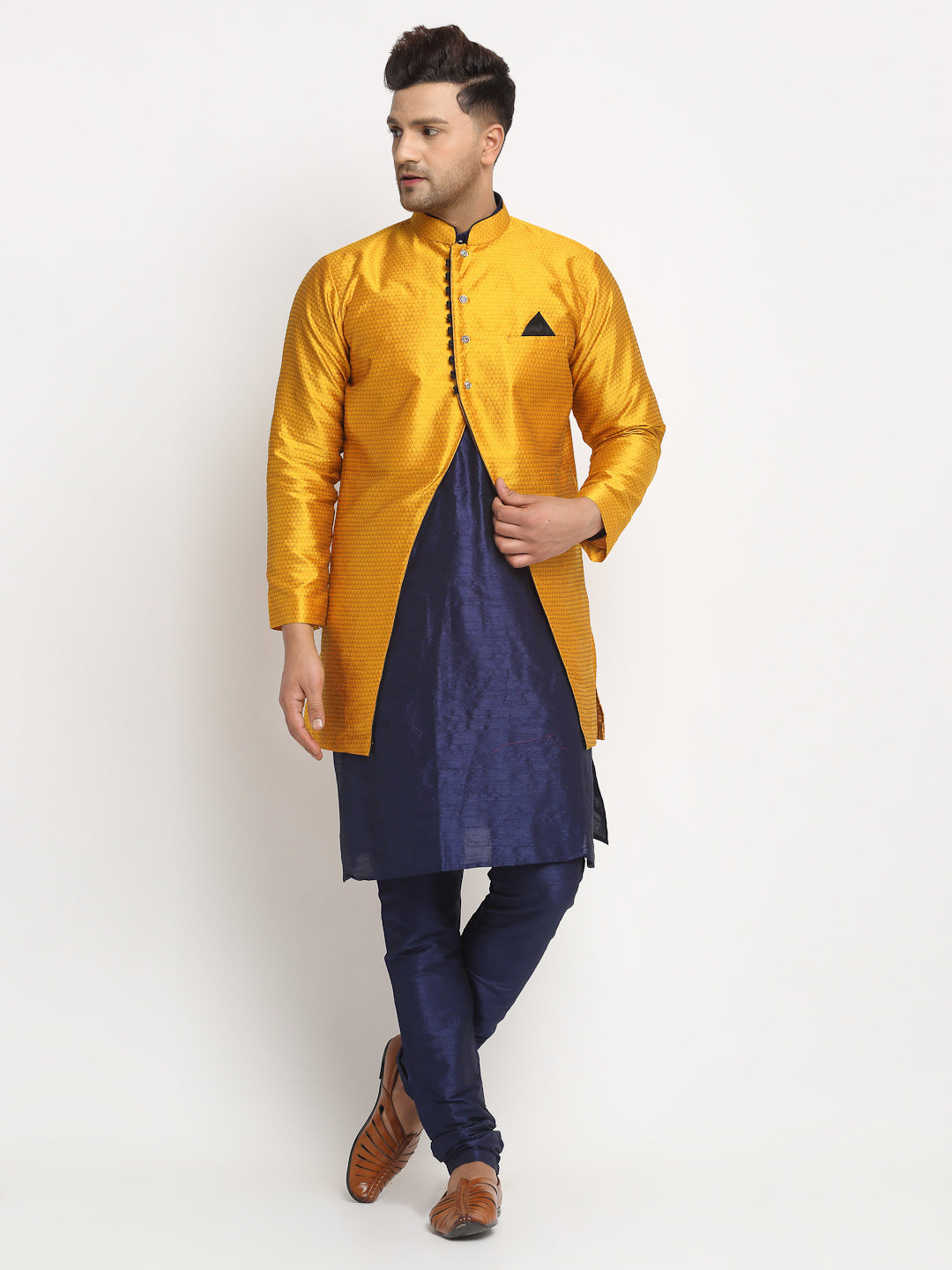 Men's Navy Blue Kurta With Pyjama & Mustard Self Design Jacket - Benstoke