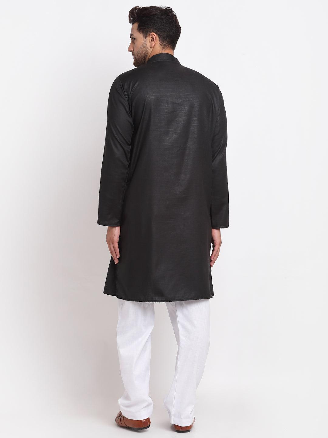 Men's Black Solid Pathani Kurta With White Salwar - Benstoke - Indiakreations