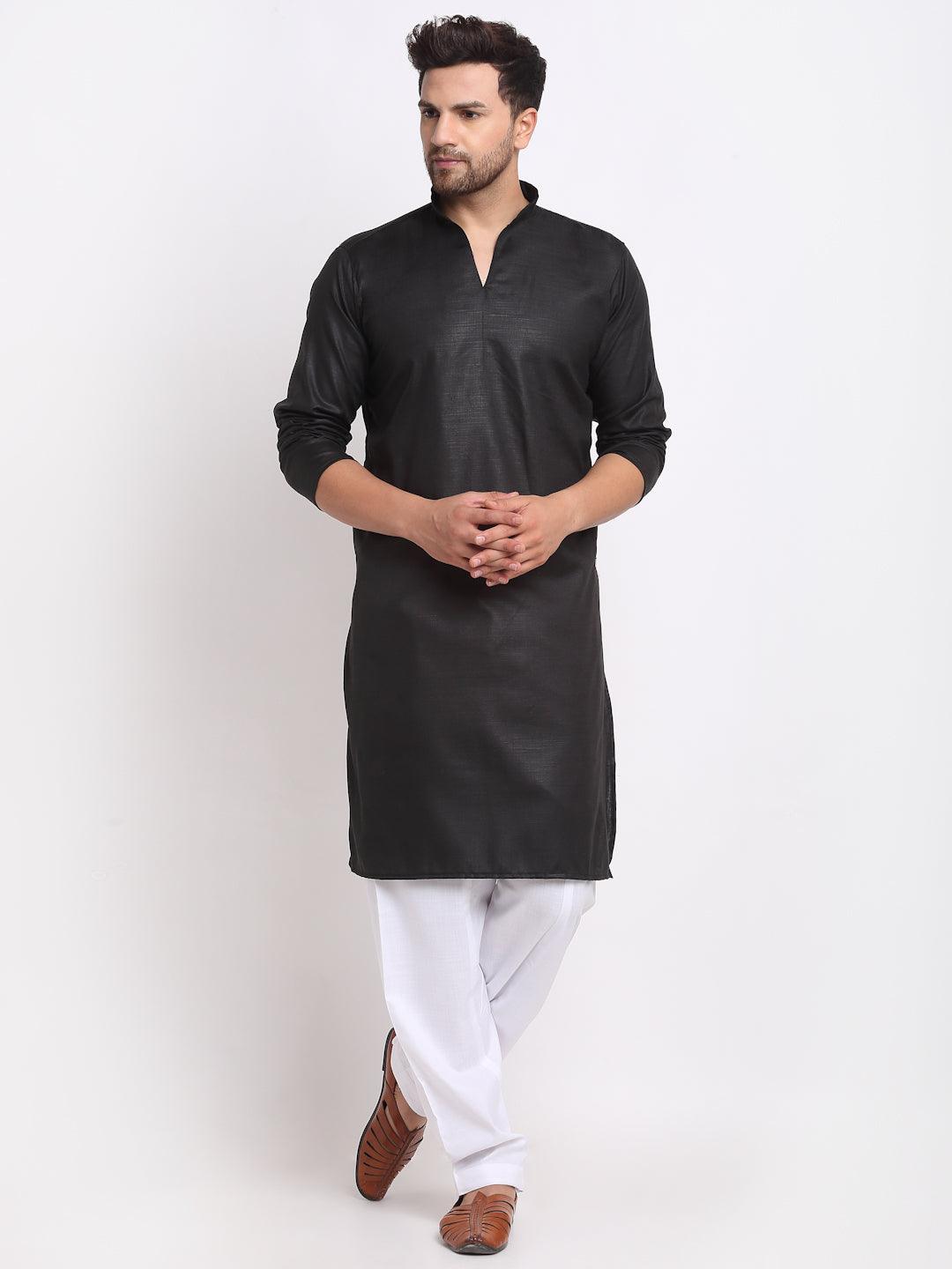 Men's Black Solid Pathani Kurta With White Salwar - Benstoke - Indiakreations